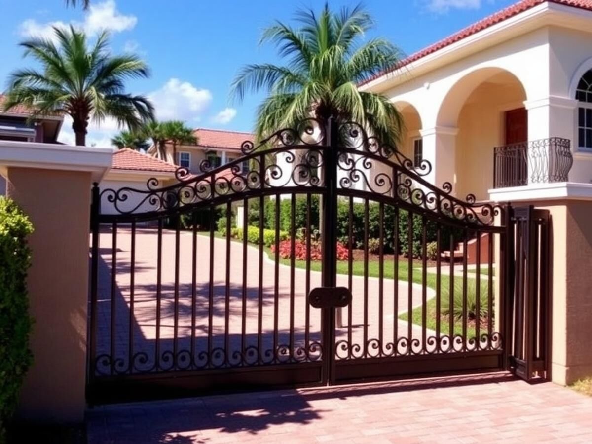 Ornamental iron driveway gate installed at a Fort Lauderdale residence