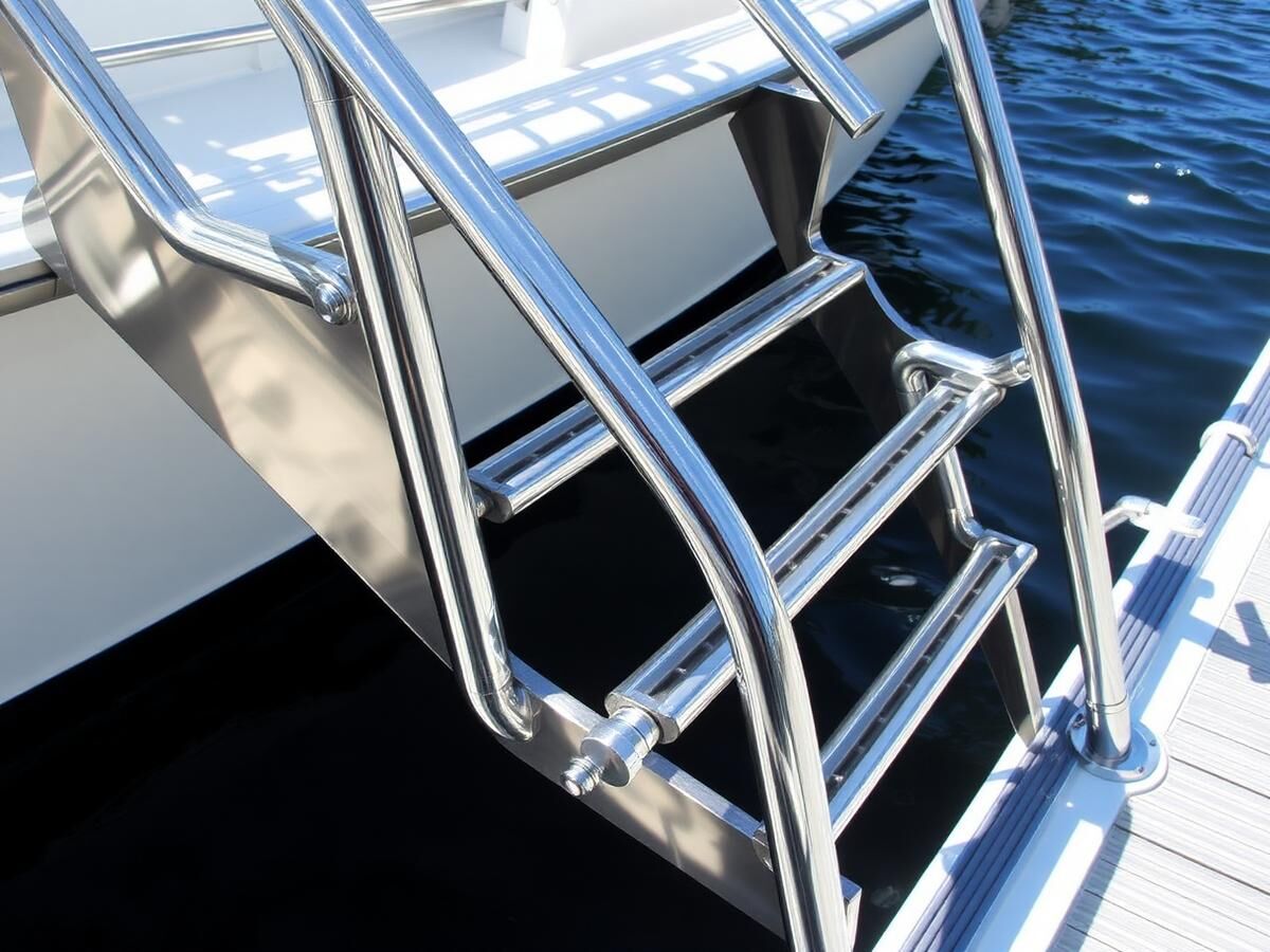 Polished stainless boarding ladder and rail welded for a Las Olas dock