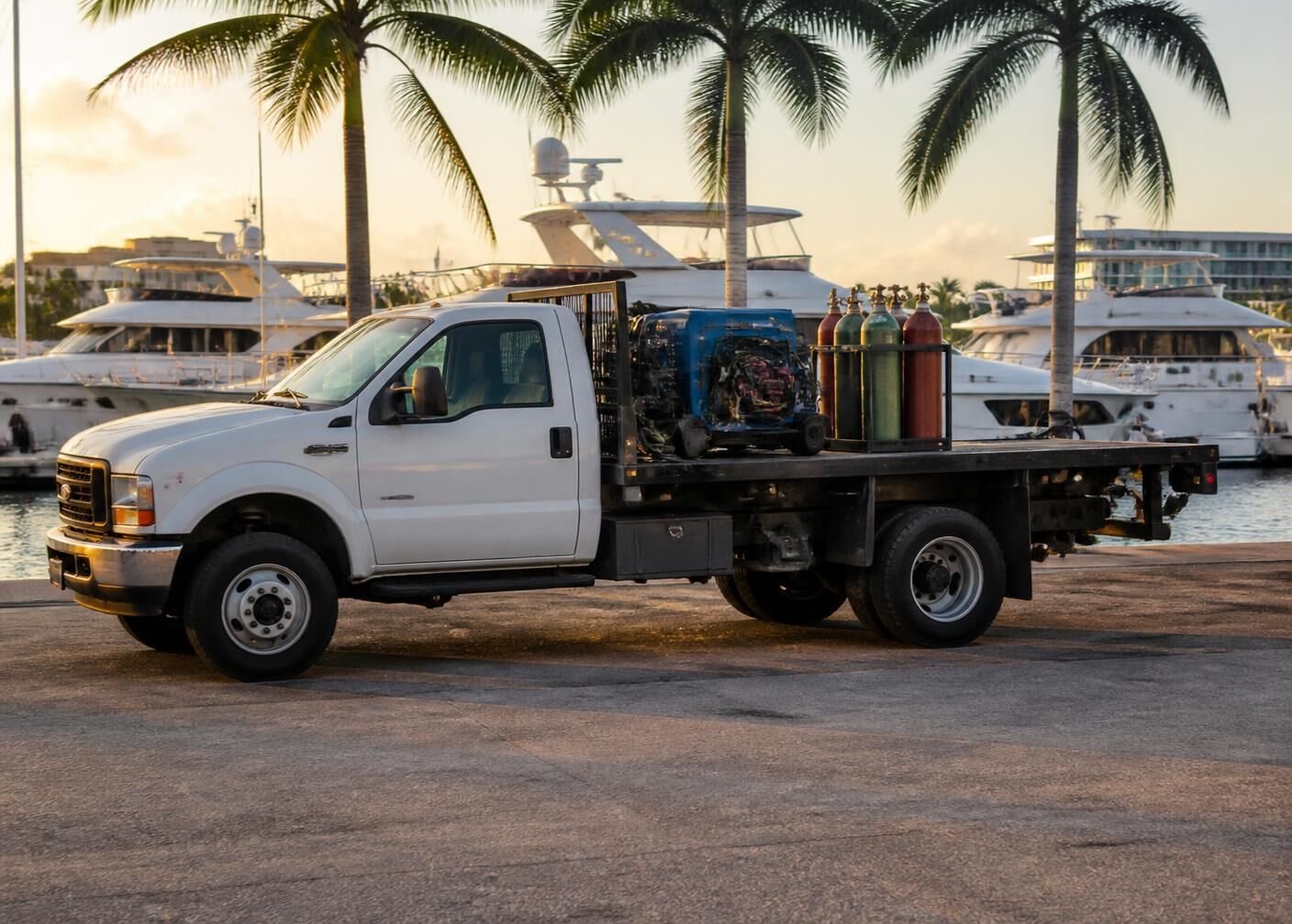 Trident Ironworks mobile welding rig parked at a Fort Lauderdale marina