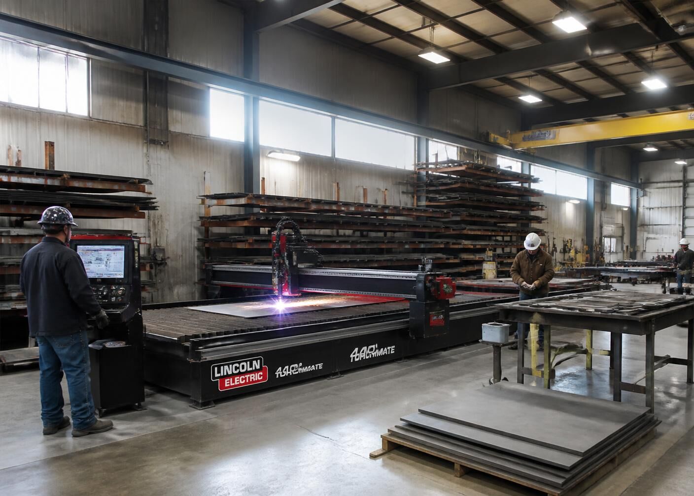 Interior of the Trident Ironworks fabrication shop with CNC plasma table and steel racks